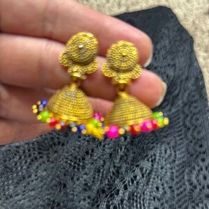 India Boutique Gold Jhumka Earrings with Colorful Accents